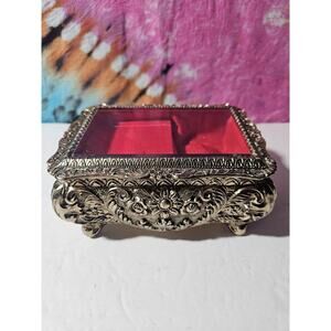 Vtg Oscar Heiss Metal Casket Jewelry Hinged Music Box with Beveled Glass 6"x4"